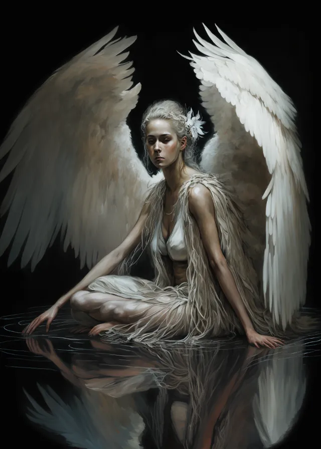 a painting of an angel sitting on a body of water. mythical creature, flash photography, eyelash, feather, art, wing, cg artwork, angel, painting, darkness