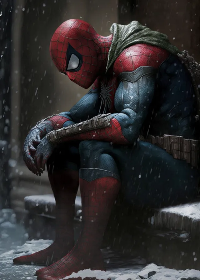 a spider - man sitting on a bench in the snow. flash photography, art, cg artwork, painting, human leg, carmine, darkness, fictional character, illustration, thigh