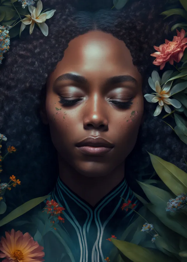 a painting of a woman surrounded by flowers. eyebrow, organ, nature, eyelash, botany, iris, flower, art, flash photography, black hair