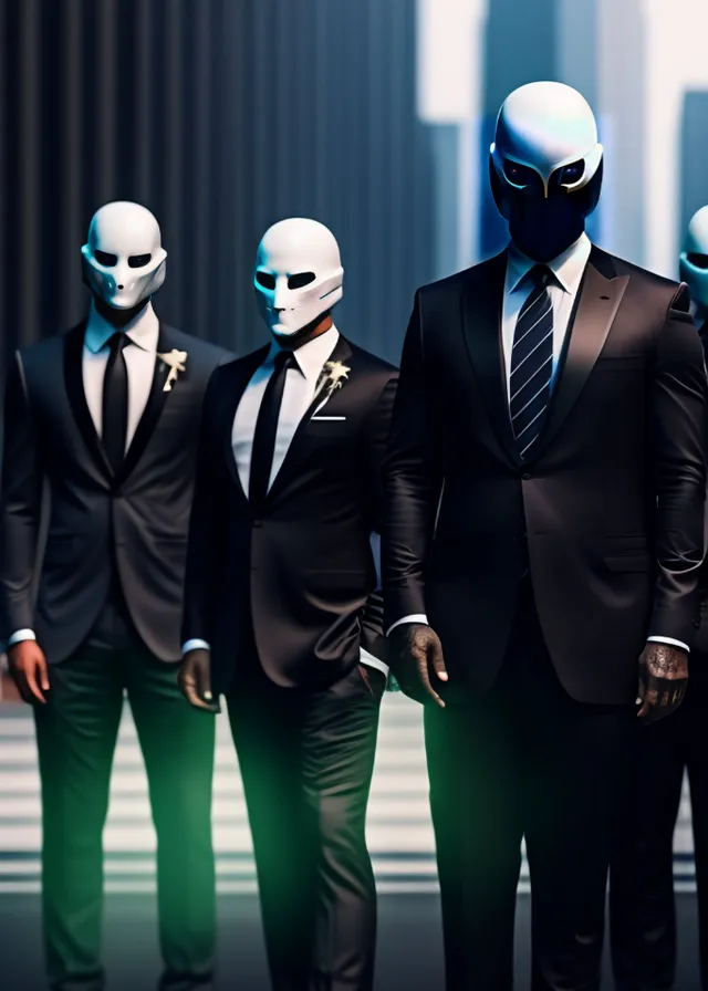 a group of men in suits and masks. suit trousers, trousers, green, blue, human, sleeve, standing, tie, suit, fashion design