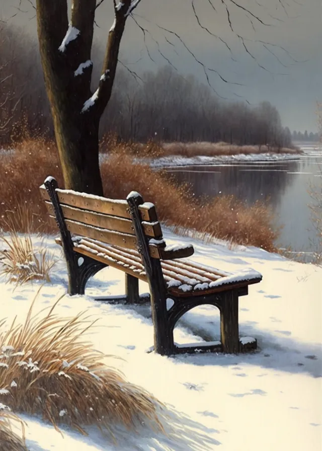 a painting of a park bench in the snow. water, plant, furniture, outdoor bench, sky, table, snow, natural landscape, wood, tree