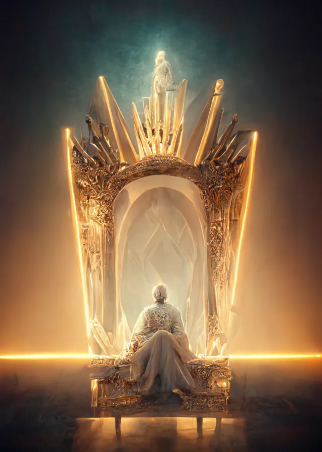 a man sitting on a throne with a golden throne on top of it. sky, human body, gesture, entertainment, performing arts, flash photography, art, beauty, event, symmetry