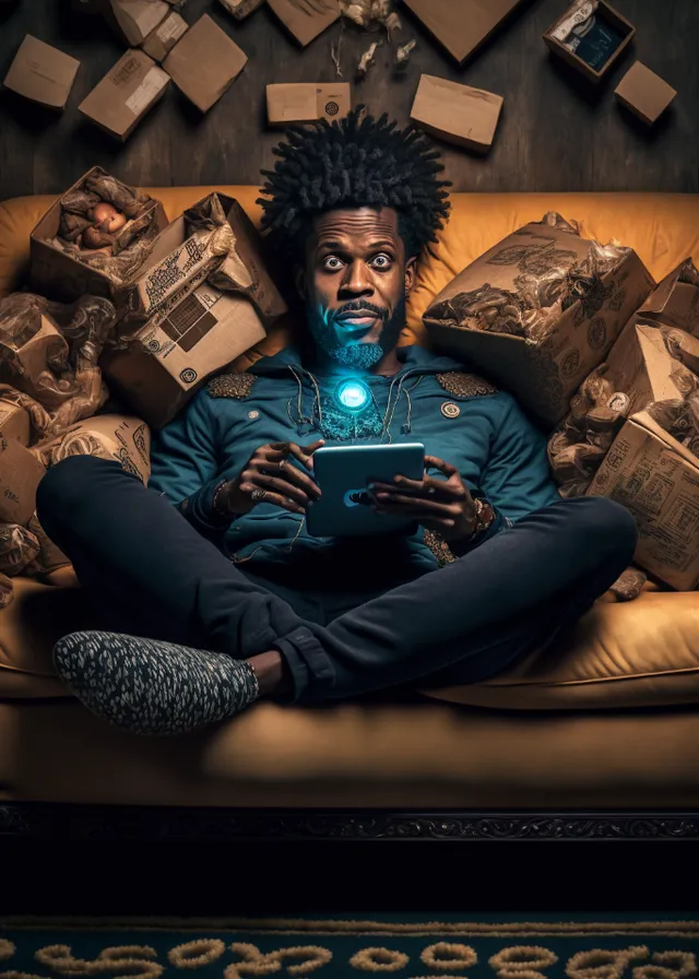 a man sitting on top of a couch covered in boxes. flash photography, human body, comfort, art, couch, thigh, flooring, fashion design, darkness, t-shirt