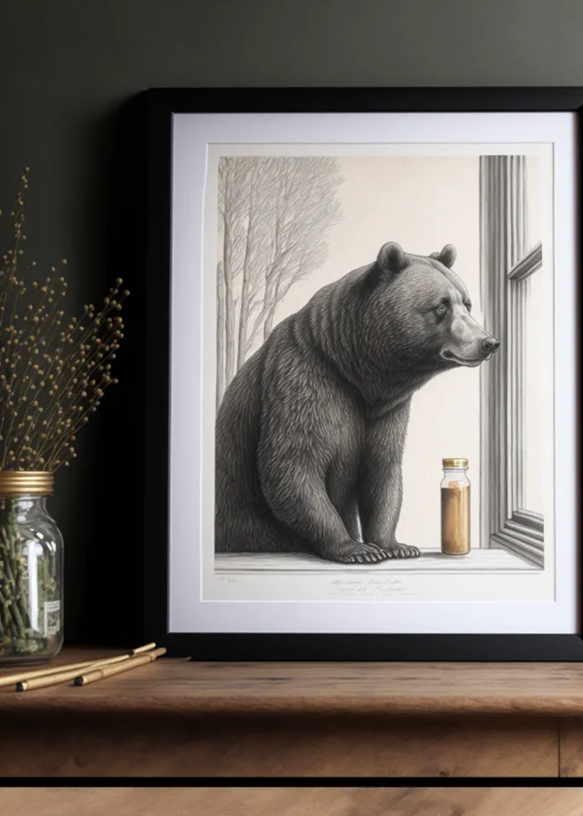 a picture of a bear looking out a window. picture frame, grizzly bear, plant, brown bear, window, grey, rectangle, art, carnivore, painting