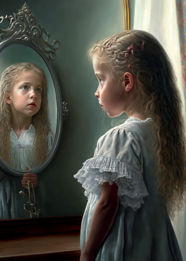 a painting of a little girl looking at herself in the mirror. hair, cheek, skin, head, chin, hairstyle, eye, organ, human, iris