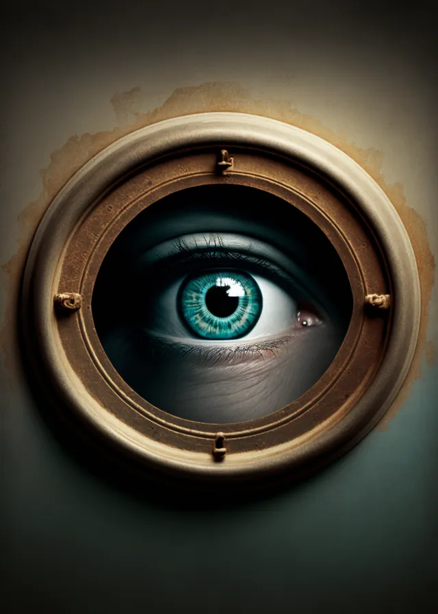 a close up of an eye looking through a hole. camera lens, flash photography, cameras & optics, camera accessory, lens, wood, camera, circle, gas, electric blue