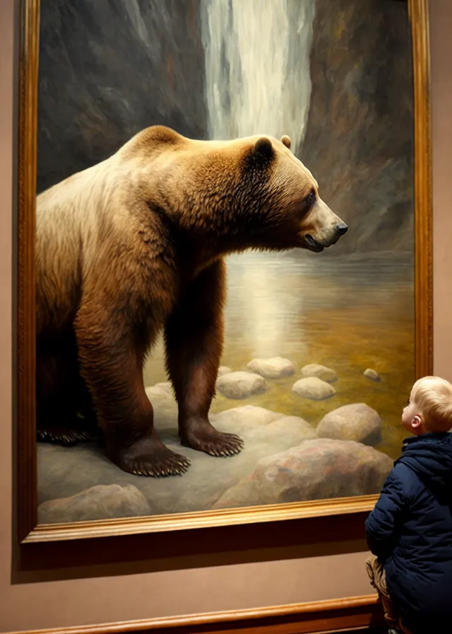 a man looking at a painting of a bear. brown bear, vertebrate, picture frame, grizzly bear, carnivore, art, jacket, terrestrial animal, painting, bear