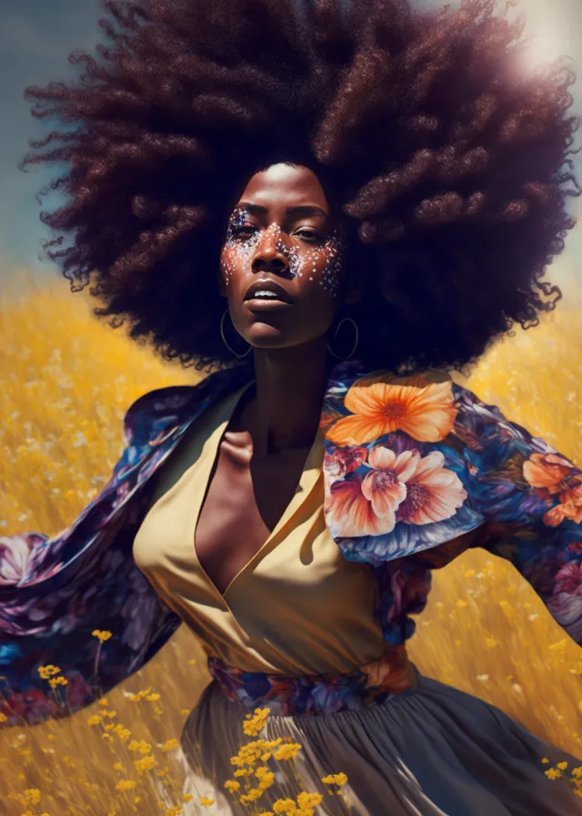 a woman with an afro standing in a field. hair, hairstyle, jheri curl, fashion design, entertainment, afro, event, performing arts, wig, happy