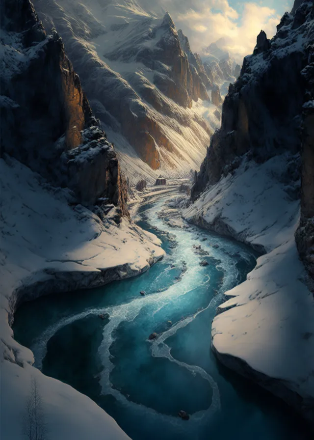 a painting of a mountain river in the snow. water, water resources, cloud, mountain, snow, natural landscape, ice cap, freezing, watercourse, terrain