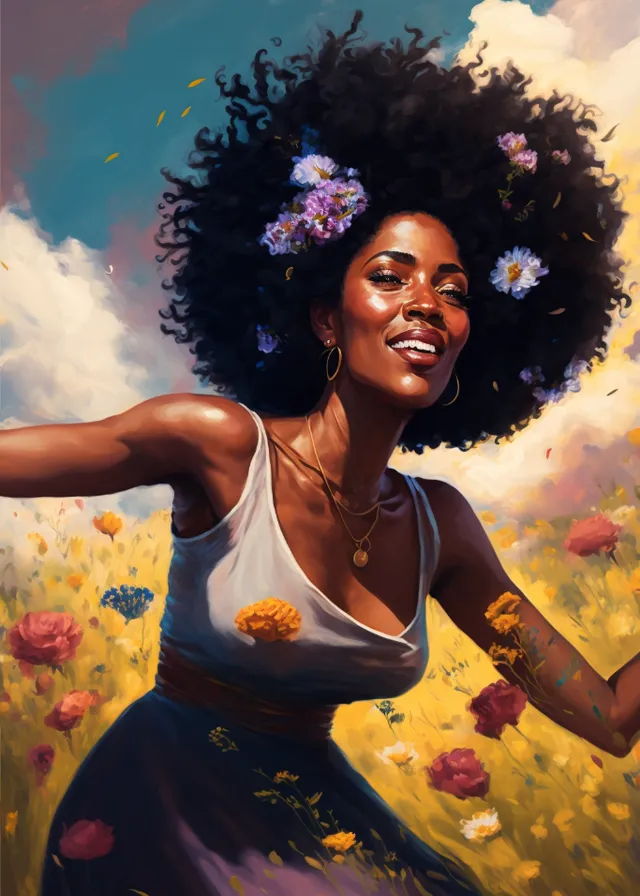 a painting of a woman with flowers in her hair. smile, flash photography, sky, happy, entertainment, art, performing arts, fun, necklace, fashion design