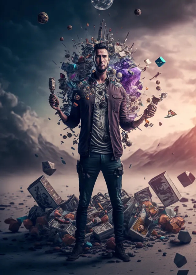 a man standing in front of a pile of objects. flash photography, gesture, entertainment, artist, cool, performing arts, music artist, music, fashion design, space