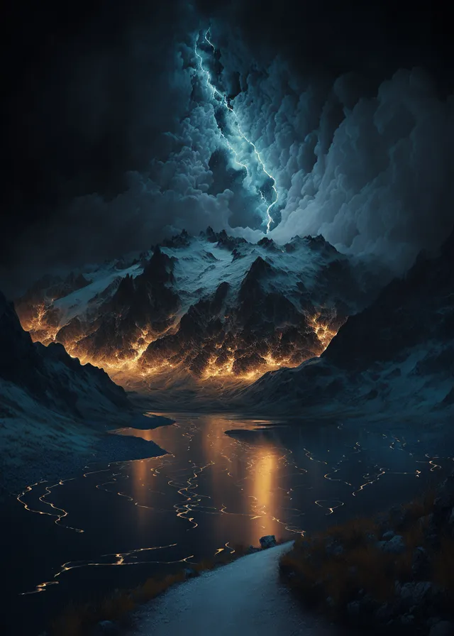 a painting of a mountain range with a lake in the foreground. water, cloud, atmosphere, mountain, sky, natural landscape, landscape, glacial landform, freezing, horizon