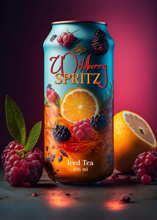 a can of blackberry spiritz iced tea next to some raspberries. plant, liquid, fruit, rangpur, clementine, food, orange, ingredient, natural foods, drink