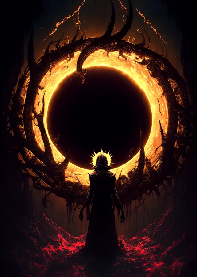 a man standing in front of a giant sun. light, flash photography, sky, heat, art, people in nature, circle, astronomical object, beauty, darkness