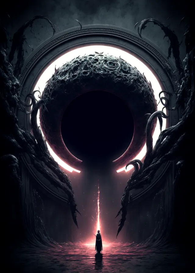 a man standing in front of a giant black hole. atmosphere, water, eye, organ, flash photography, sky, art, midnight, circle, space