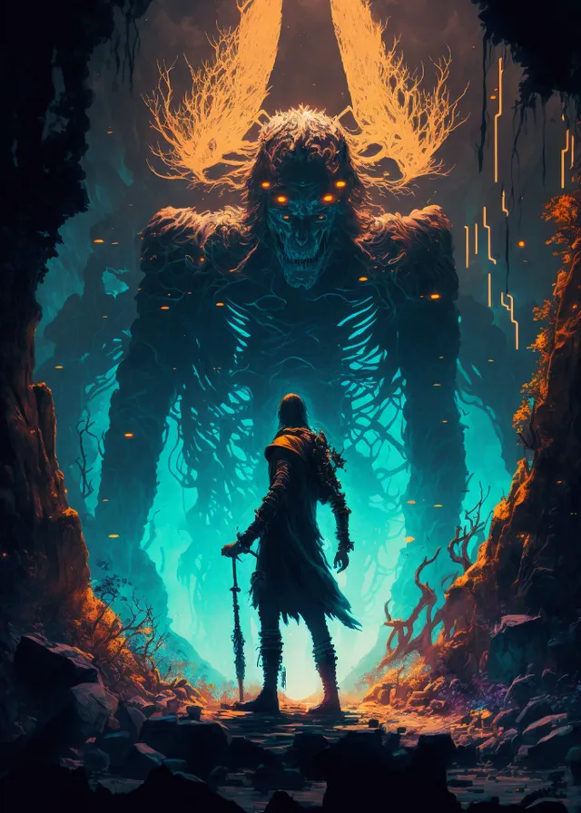 a man standing in front of a giant monster. world, light, lighting, organism, art, geological phenomenon, people in nature, cg artwork, darkness, space