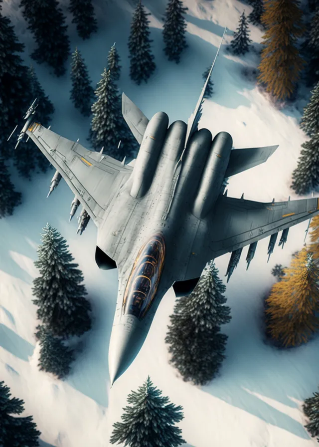 a fighter jet flying over a snow covered forest. nature, vehicle, plant, gesture, world, biome, aircraft, aerospace manufacturer, aviation, sky