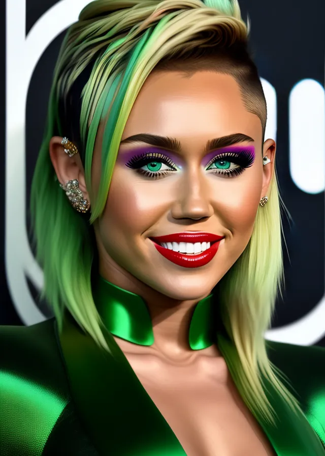 a digital painting of a woman with green hair. nose, smile, skin, lip, eyebrow, eyelash, green, eye liner, lipstick, earrings