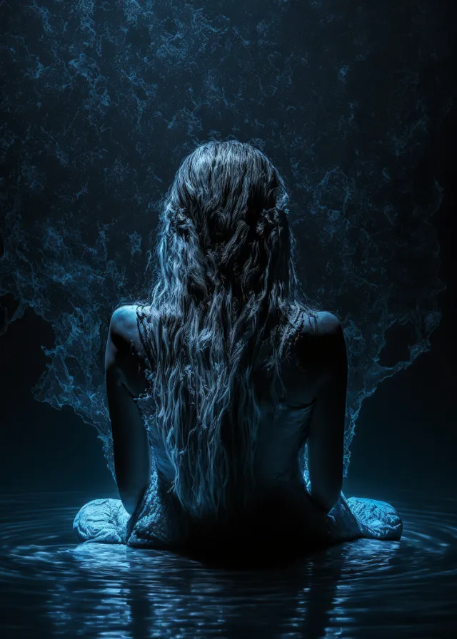 a woman sitting in the water with her back to the camera. water, arm, eye, leg, human body, people in nature, flash photography, tree, entertainment, cg artwork