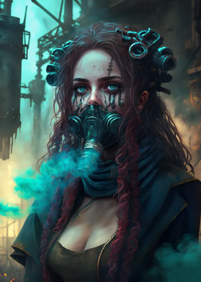 a woman with long red hair wearing a gas mask. beard, cool, flash photography, fun, art, facial hair, cg artwork, fictional character, event, electric blue