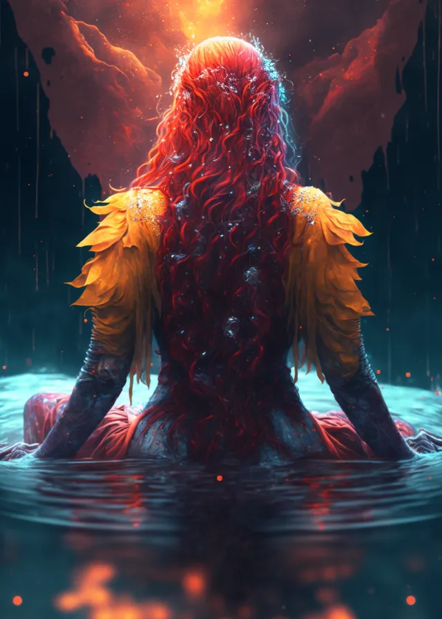 a woman sitting in the water with her back to the camera. light, entertainment, cg artwork, performing arts, art, darkness, event, supernatural creature, fictional character, electric blue