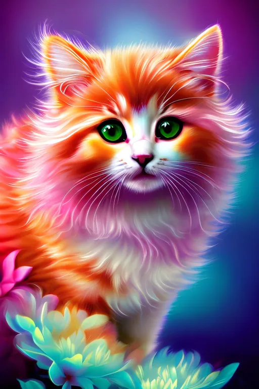 a painting of a cat with green eyes. cat, photograph, felidae, carnivore, pink, small to medium-sized cats, whiskers, magenta, art, snout