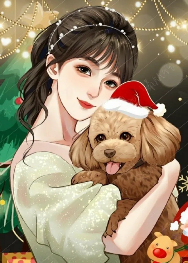 a woman holding a dog wearing a santa hat. toy, happy, smile, carnivore, dog, companion dog, eyelash, fictional character, event, petal
