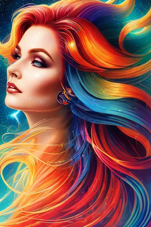 a painting of a woman with colorful hair. eyelash, azure, orange, art, cg artwork, painting, electric blue, magenta, illustration, paint