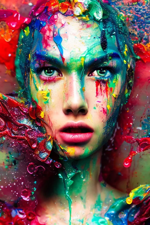 a woman with colorful paint all over her face. face, colorfulness, eye, green, eyelash, art, magenta, event, close-up, painting