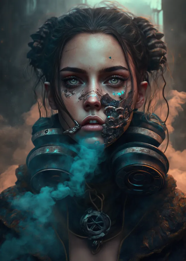 a woman with a steam mask on her face. hair, head, eye, eyelash, flash photography, cool, art, beard, black hair, cg artwork