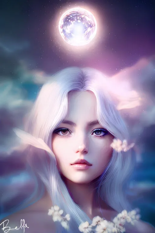 a woman with white hair and a moon above her head. sky, eyelash, light, nature, azure, human, flash photography, happy, cg artwork, people in nature