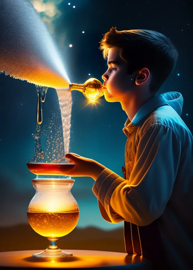 a boy is pouring liquid into a glass