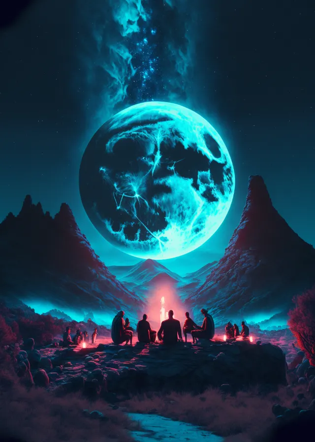 a group of people sitting in front of a blue moon