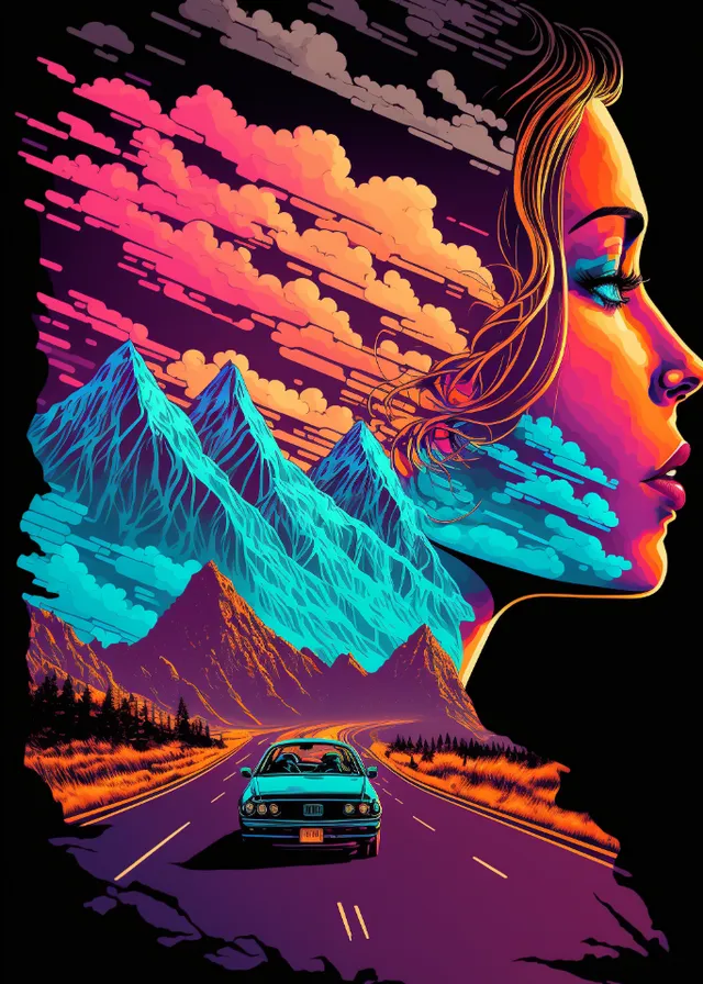 a woman driving a car on a road with mountains in the background