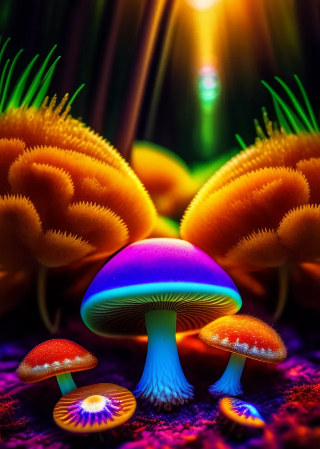 a group of mushrooms sitting on top of a lush green field