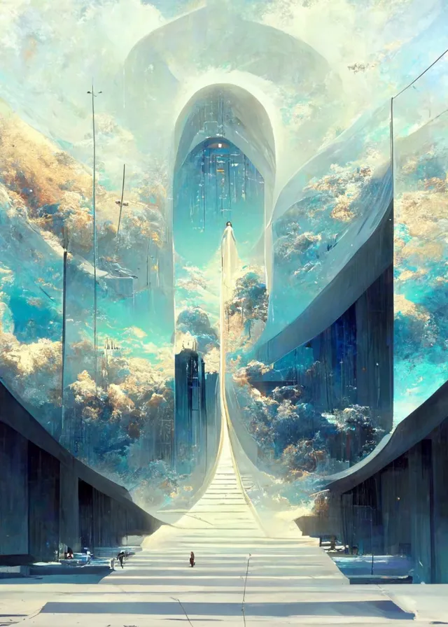 a futuristic city surrounded by clouds and blue sky