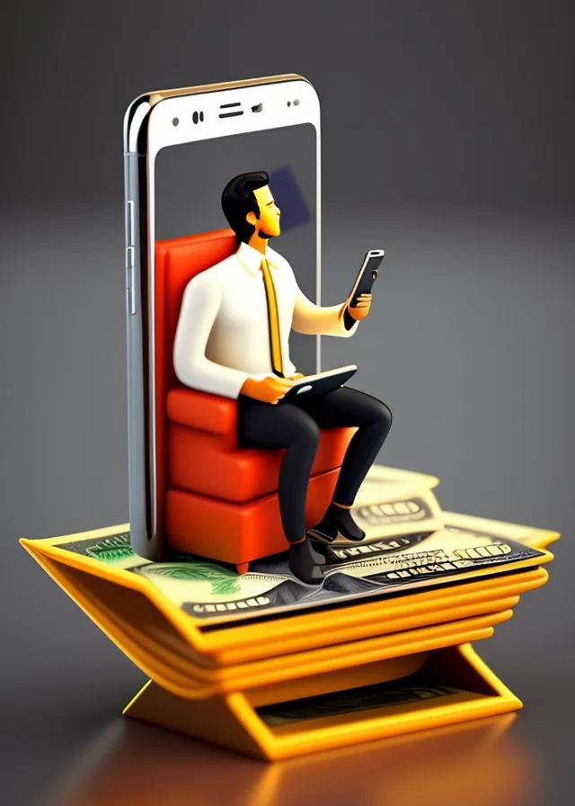 a man sitting on top of a pile of money holding a cell phone