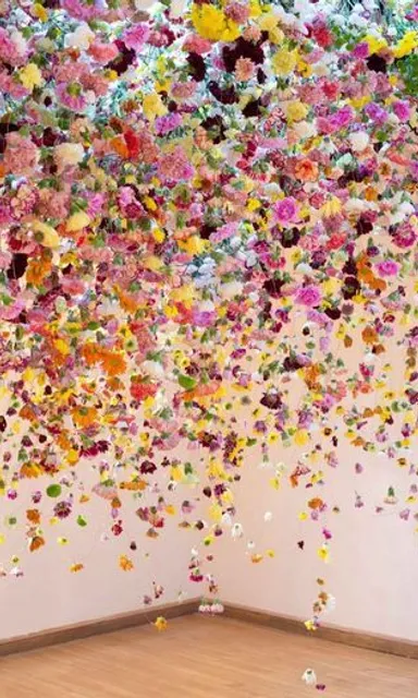 a room filled with lots of colorful confetti
