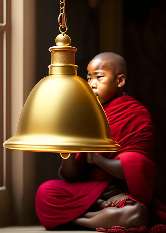 a young monk is holding a golden bell