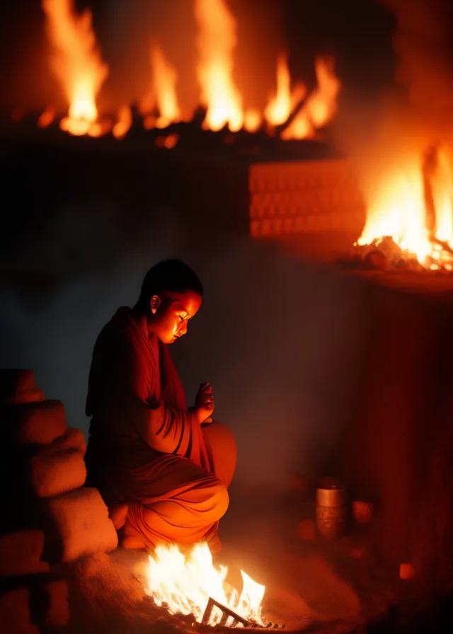 a person sitting in front of a fire with a cell phone