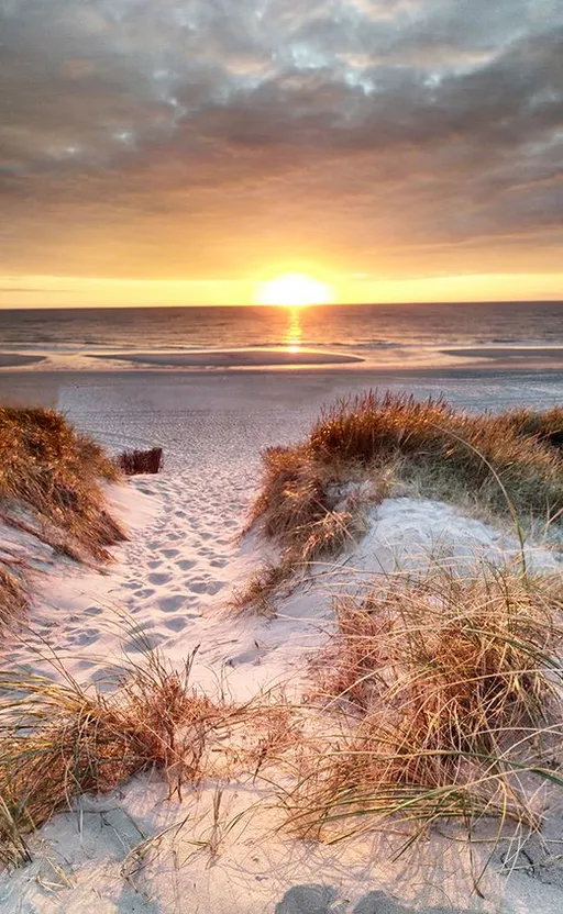 the sun is setting over the ocean on the beach