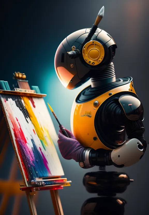 a robot painting a picture on a easel