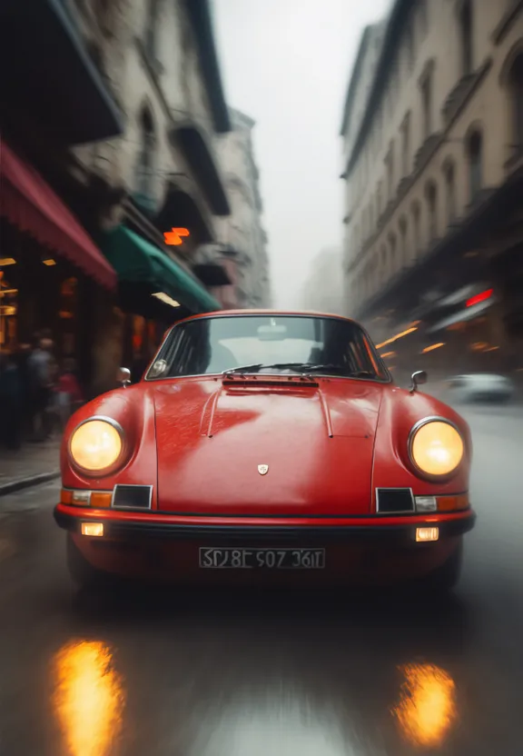 a red car driving down a street next to tall buildings