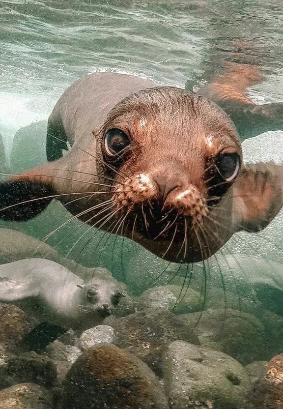 Sealing it All: a seal is swimming in the water near rocks. make the seal look like it's wearing a Viking helmet