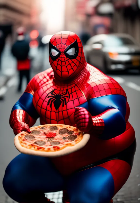 A Man in a Spiderman Suit Holding a Large Pizza by Matt Konar. Change the pizza to a large spider.