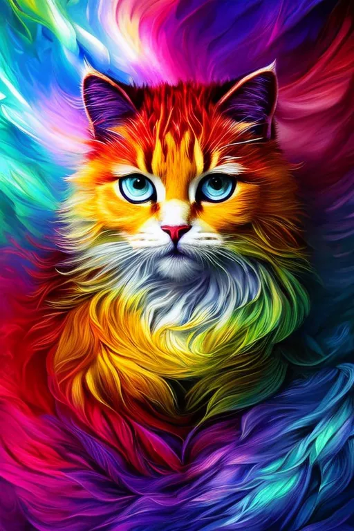 A colorful cat with red eyes and long green hair. make the cat's eyes red and its hair green