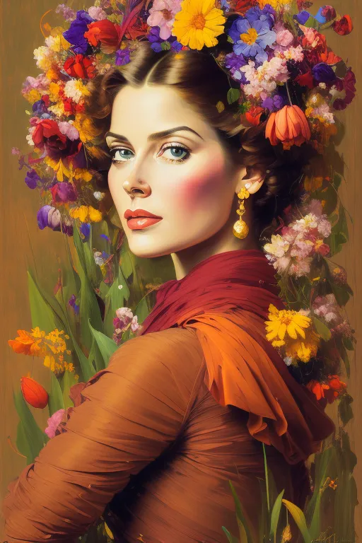 A painting of a woman with flowers in her hair, DECAPITATED WOMAN WITH FLOWERS IN HER HAIR - a horror painting replica. edit it to feature a decapitated woman with flowers in her hair.