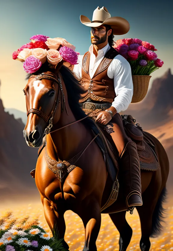 a painting of a man riding a horse with flowers on his head