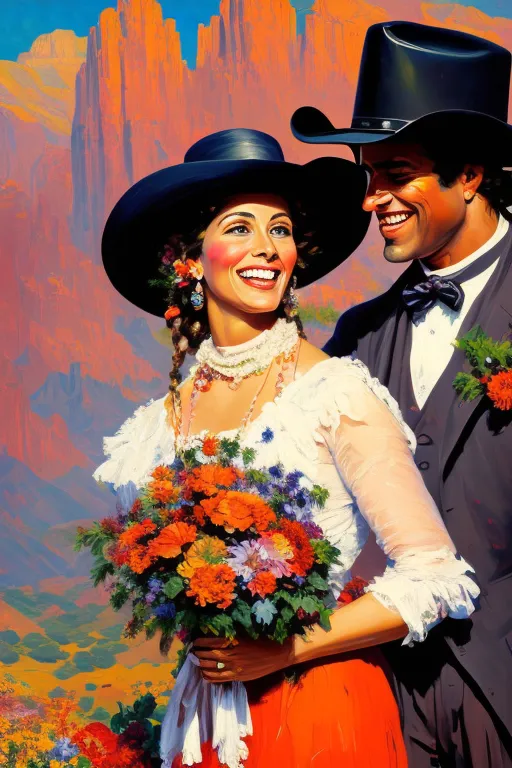 A painting of a man and woman in a Panamax container. instead of the cowboy hats, add a Panamax container