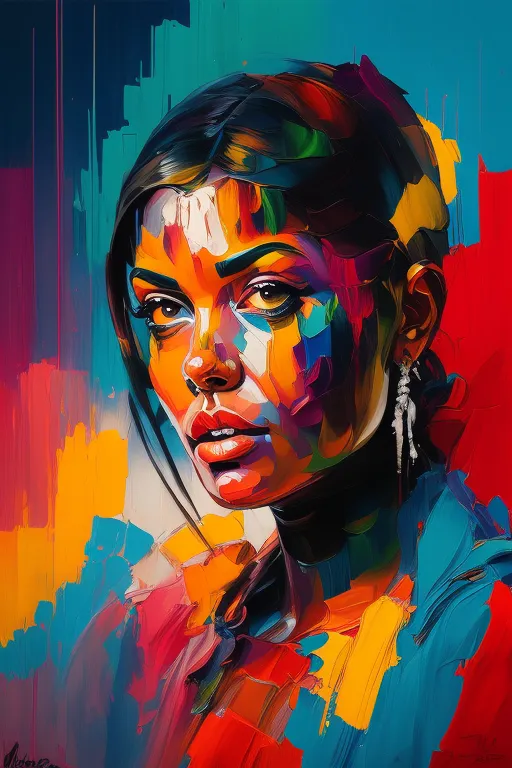 a painting of a woman's face on a colorful background